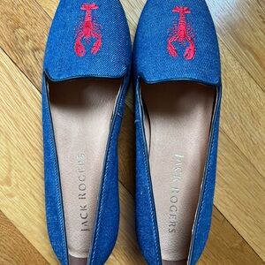 Jack Rogers Blue Denim Loafers with Red Lobster Embroidery